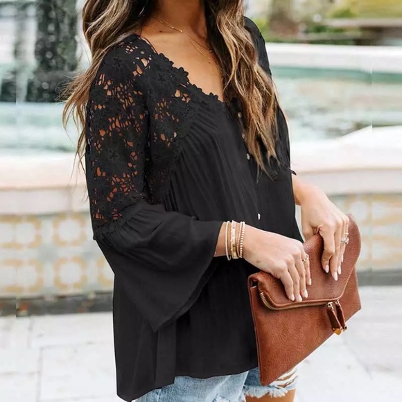 SOLD OUT Black Boho Crochet Lace Button Up Blouse Top - Picture 2 of 5